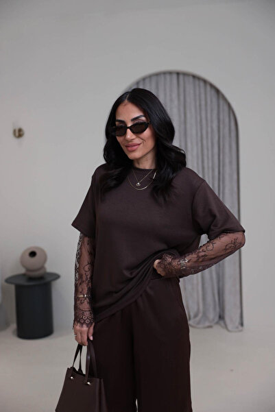 My Blog Brown Sleeves Lace Detailed Tshirt - 1049