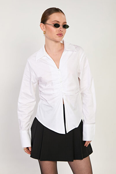 BARRELS AND OIL Women's Drape Detailed Thick Cuffed Shirt - White