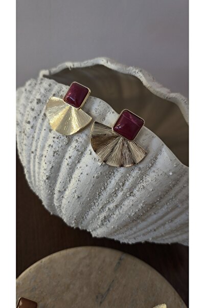 VOBEEYKU Burgundy Stone Detailed Serrated Plate Fan Model Earrings