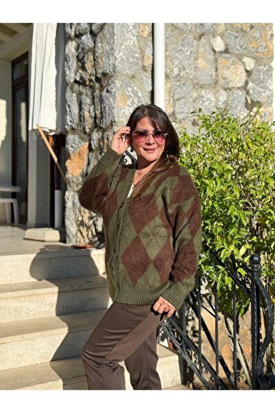 Punta Otantik Fr10734 Baklava Pattern V-Neck Cardigan Dark Green