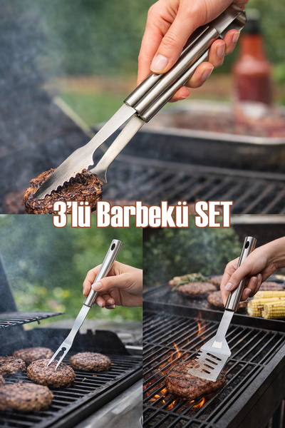 Porsima KJ-1007 3 Parça Paslanmaz Çelik Maşa-Spatula-Çatal Barbekü Seti