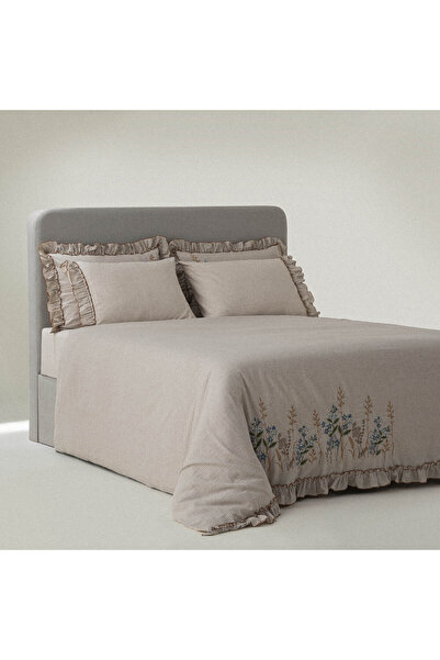 Ecocotton Latifa King Size Duvet Cover Set 100% Organic Cotton Linen Embroide...