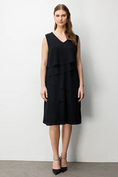 Ekol Women's Plus Size Sleeveless Layered Midi Dress 6510 Black