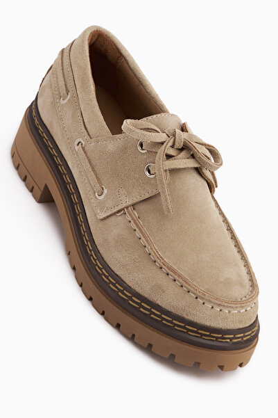 Limoya Matina Genuine Leather Beige Suede Lace-Up Thick Sole Women's Loafer S...