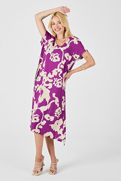 Trend Alaçatı Stili Women's Purple Deep V-Neck Slit Patterned Midi Length Dre...