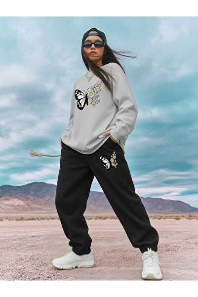 ship master Women's Gray Butterfly and Floral Printed Tracksuit Set 100% Cott...