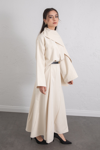 Salih Çelebi Shawl Collar Skirt Set 266013 - Beige