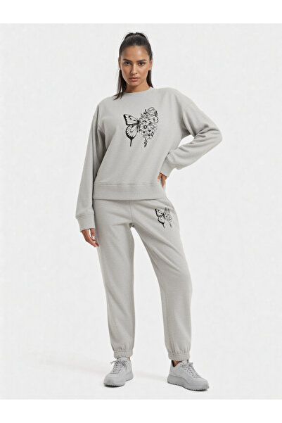 ship master Butterfly Flower Printed Gray Women's Tracksuit Set 100% Cotton S...