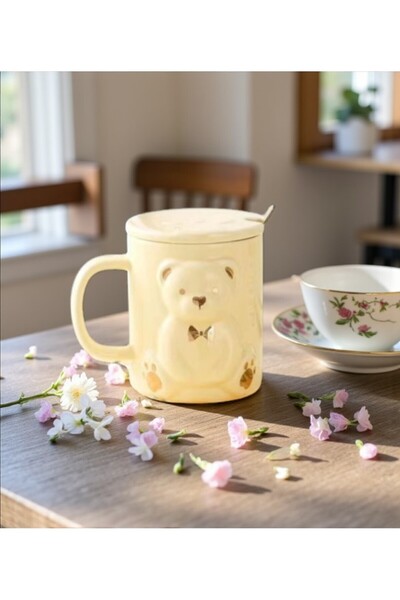 lstri Porcelain Mug with Spoon Cute Teddy Bear Design Mug