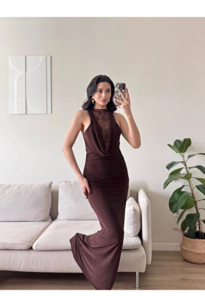 Zoom Butik Degaje Yaka Dantel Detay Elbise - KAHVE