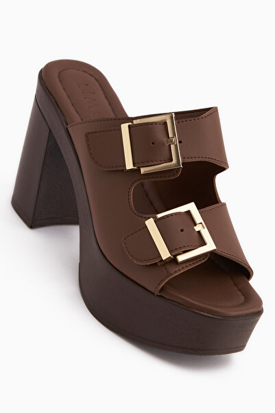 Limoya Leida Brown Buckle Platform Heeled Women's Slippers