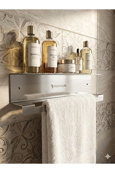 positivelife Paslanmaz Metal Banyo Rafı ve Havluluk - Gümüş Duvar Tipi Organizer