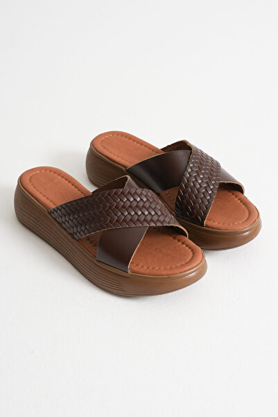 Mulini Bitter Brown Knitted Patterned Genuine Leather Slippers Tr31My53K