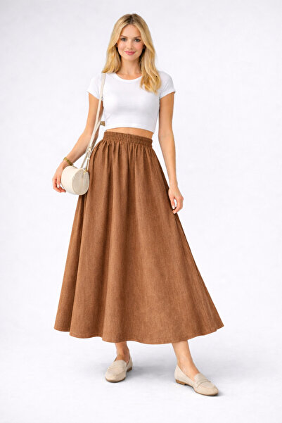 mor butik Women's Light Brown Color Maxi Skirt Double Fabric Comfortable Fit ...