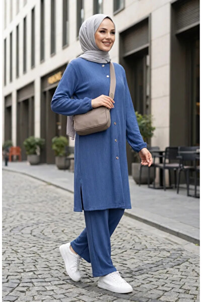 sefamerve Buttoned Hijab Double Set 2232-02 Indigo