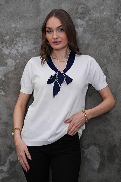 D LAVELLA Women's Collar Fluar Detail Short Sleeve Knitwear Blouse