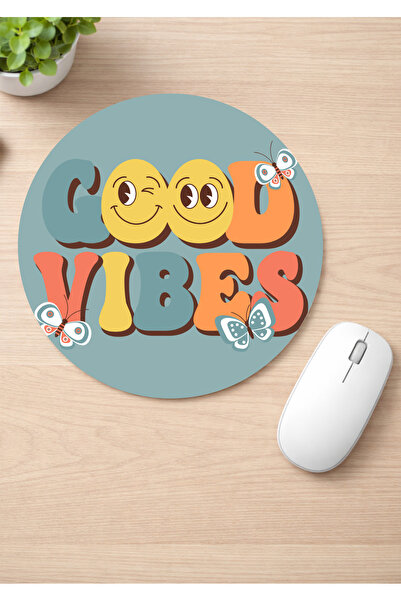 Eylül Design Good Vibes Printed Round Non-Slip Mousepad Motivational Ergonomi...