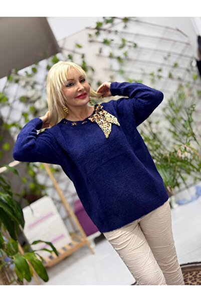 Punta Otantik D12829 Leopard Ribbon Detailed Soft Sweater Navy Blue