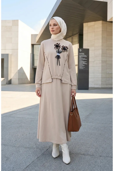 sefamerve Floral Detailed Elastic Waist Double Suit 0245-05 Beige