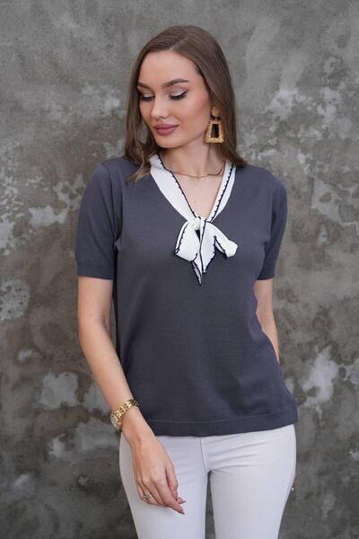 D LAVELLA Women's Collar Fluar Detail Short Sleeve Knitwear Blouse