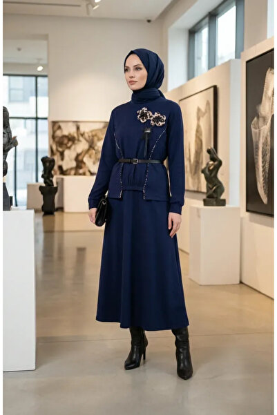 sefamerve Floral Detailed Elastic Waist Double Suit 0245-01 Navy Blue