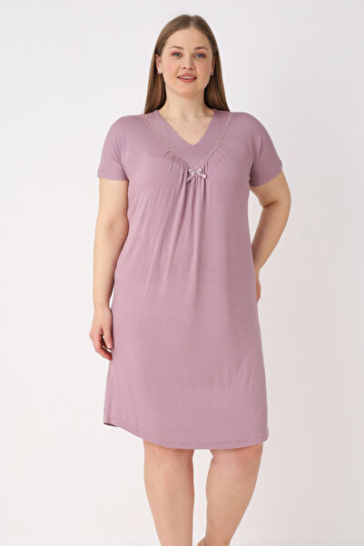 İntensive Polka Dot Short Sleeve Bow Detailed Lycra V-Neck Women's Plus Size ...