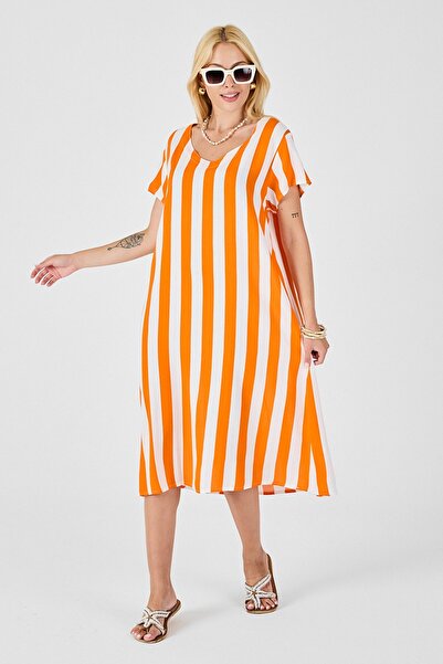 Trend Alaçatı Stili Γυναικείο πορτοκαλί κοντομάνικο φόρεμα με λαιμόκοψη Vs00808