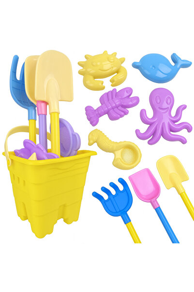 zola Top Bottom Set of 9 sand toys, yellow bucket, 5 shapes, shovel, rake, sp...