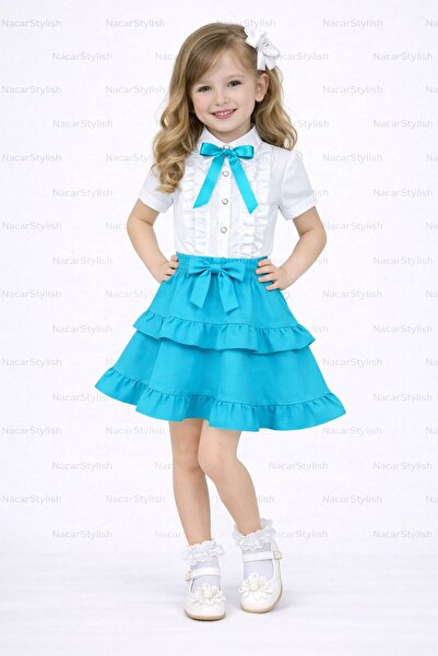 Nacar Kız Çocuk 23 Nisan 29 Ekim Fırfır Etek&Fiyonk Detaylı Gömlek - Kız Çocu...