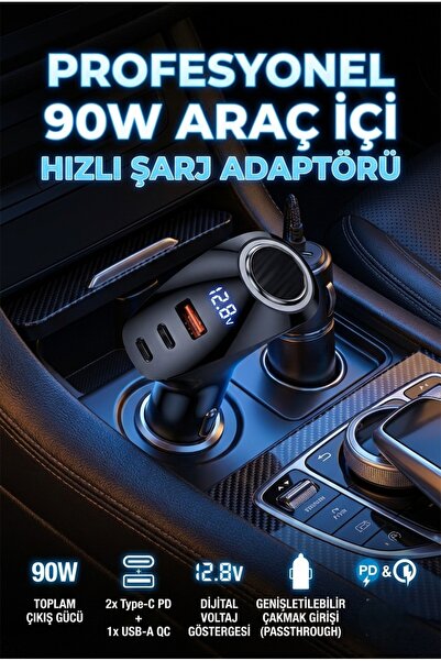 90W Araç İçi Hızlı Şarj Cihazı 2x Type-C PD 1x USB-A ve Ekstra Çakmaklık Çoklayıcı Adaptör