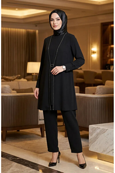 sefamerve Stone Detailed Hijab Double Set 6301-01 Black
