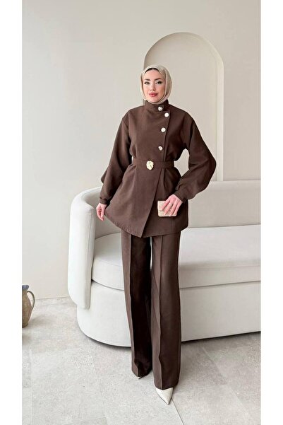 Molly Nelly Kadın Arkası Şal Detaylı Şık Kemerli Tunik Pantolon Takım