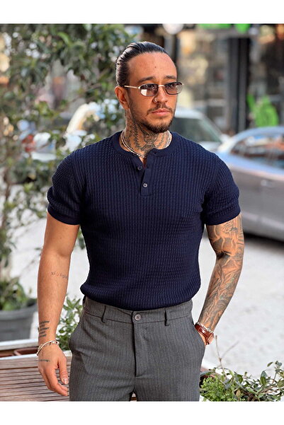 manch collection 3-Button Knitted Detailed Knitwear T-Shirt Navy Blue