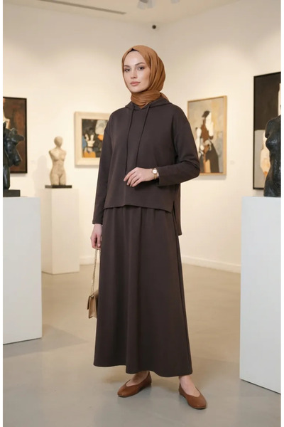 sefamerve Oysho Kumaş Kapüşonlu İkili Takım 2237-03 Kahverengi