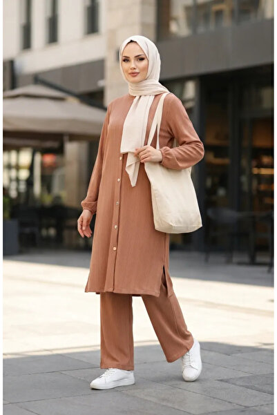 sefamerve Buttoned Hijab Double Set 2232-03 Milk Coffee