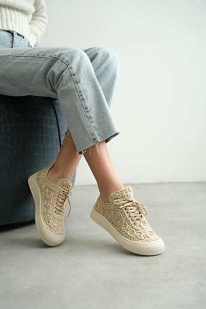 Mulini Women's Beige Knitted Detailed Casual Sneaker Comfortable and Lightwei...