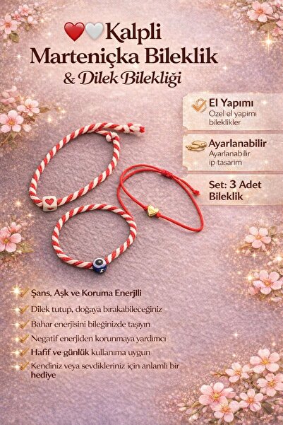 Gözde Sayarı Store Kalpli Marteniçka Dilek Bileklik "3 Adet Set"