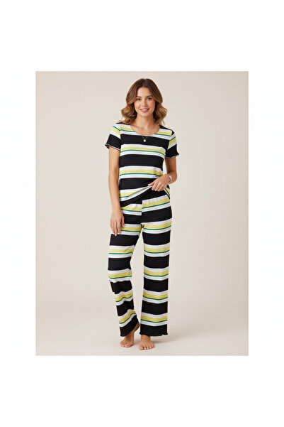 BONBON Women's Patterned Short Sleeve Pajamas and Shorts 3-Piece Cotton Set B...