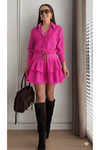 GLAMSI Dress with a belted waist and elegant Lace inserts