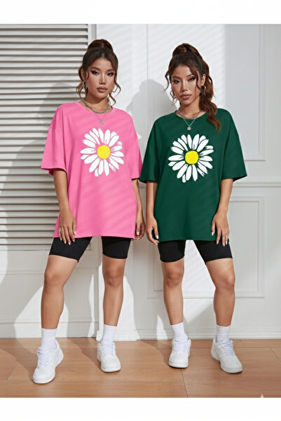 DAXİS Sportwear Company 2-Pack Women's Daisy Printed T-Shirt - Oversize Crew ...