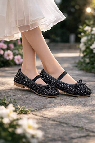 ALTUNTAŞ Kız Çocuk Babet Lastikli Pullu Fiyonklu Hafif Taban Babet Siyah