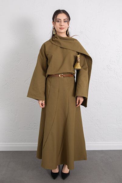 Salih Çelebi Shawl Collar Skirt Set 266013 - Oil Green