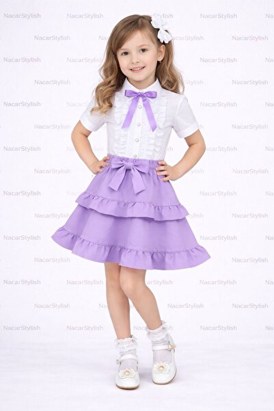 Nacar Kız Çocuk 23 Nisan 29 Ekim Fırfır Etek&Fiyonk Detaylı Gömlek - Kız Çocu...