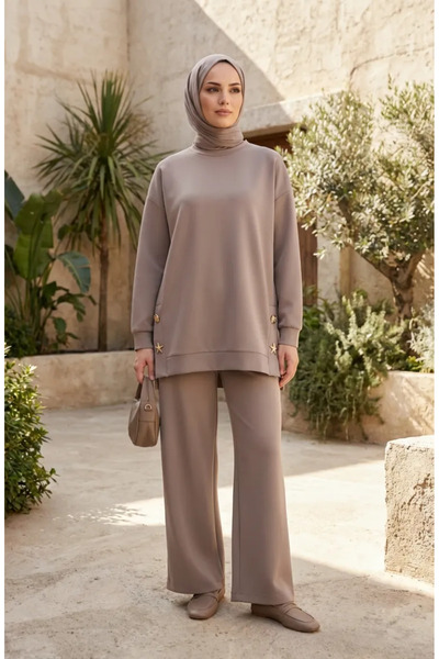 sefamerve Oysho Kumaş Broşlu İkili Takım 2238-01 Vizon