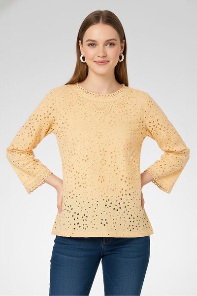 Karl Lagerfeld Women Round Neck Long Sleeve Embroidered Blouse, Orange