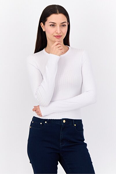 Don't Call Me Jennyfer Women Crew Neck Long Sleeve Textured Blouse, White