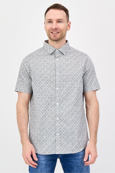 Karl Lagerfeld Men Regular Fit Allover Print Short Sleeve Casual Shirt, Grey