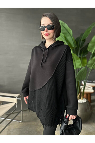 My Blog Μαύρο Σκισμένο Μπροστινό Μέρος Πλεκτό Φούτερ