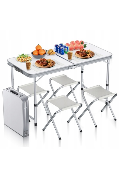 zola Folding camping table set + 4 chairs, 120x60 cm, adjustable 54–70 cm, white