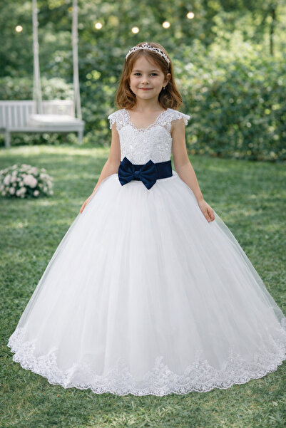 FERA Princess Lace Detailed Fluffy Tulle Bow Salon Style Children's Dress Eve...